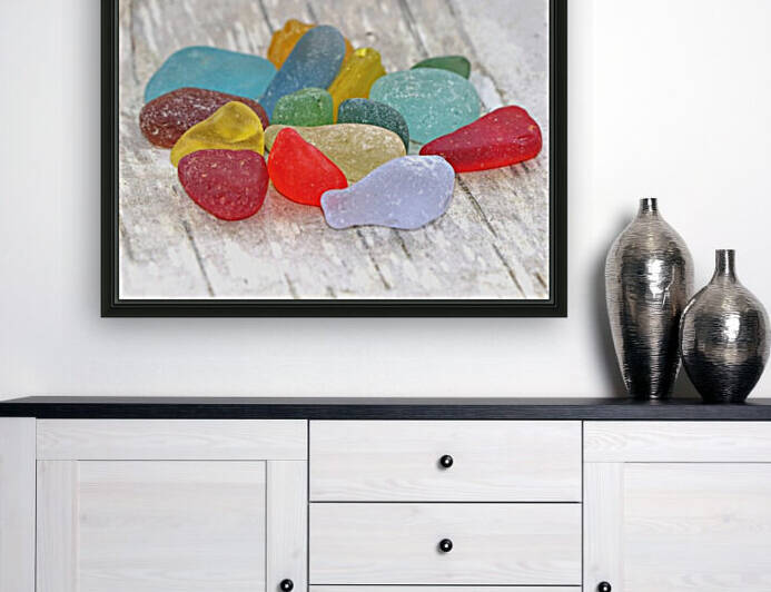 Sea glass on white birch bark by Photography by Janice Drew
