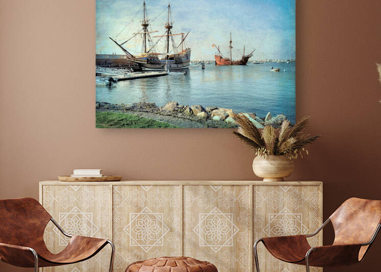 Nao Trinidad sailing by Mayflower II  by Photography by Janice Drew