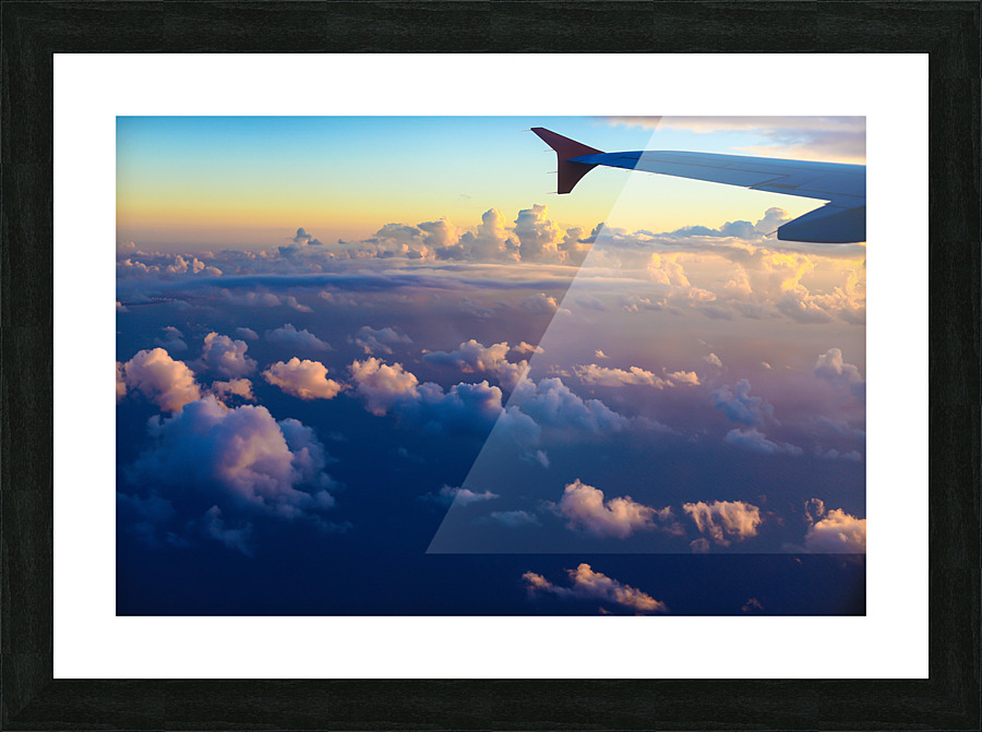 airplane wing setting sunset sky Picture Frame print