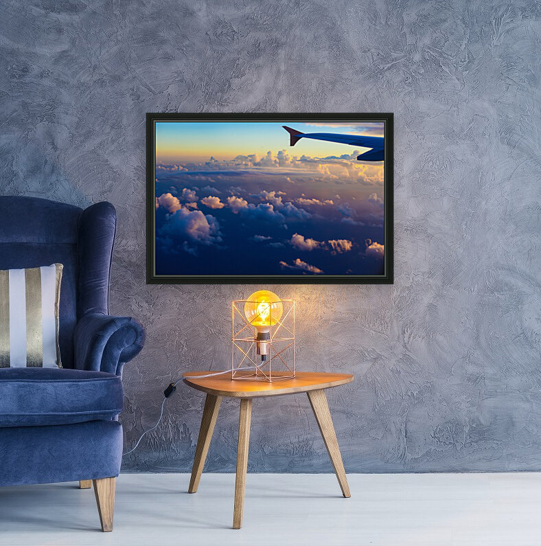 airplane wing setting sunset sky Reproduction