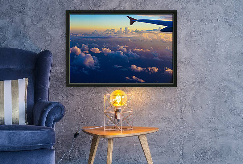 airplane wing setting sunset sky Reproduction