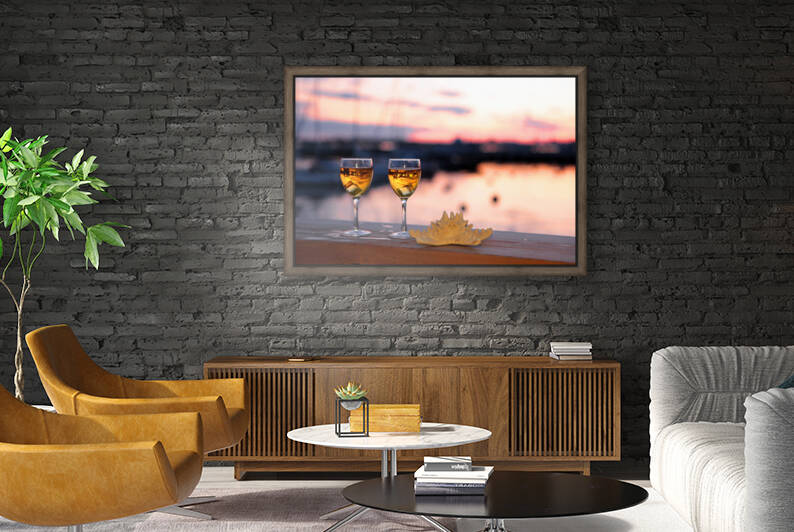 glasses white wine ice cubes against red sunset yachting port summer evening sea vacation by GrapyArt