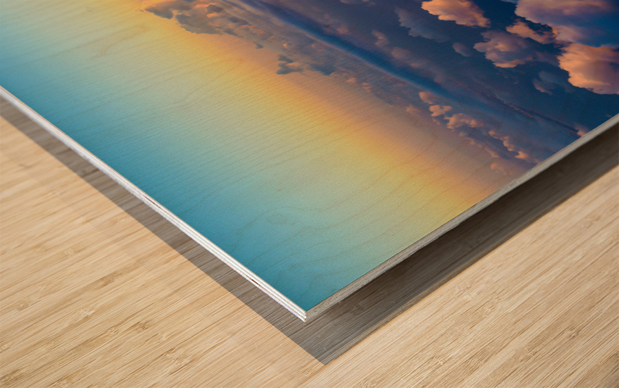 airplane wing setting sunset sky Wood print