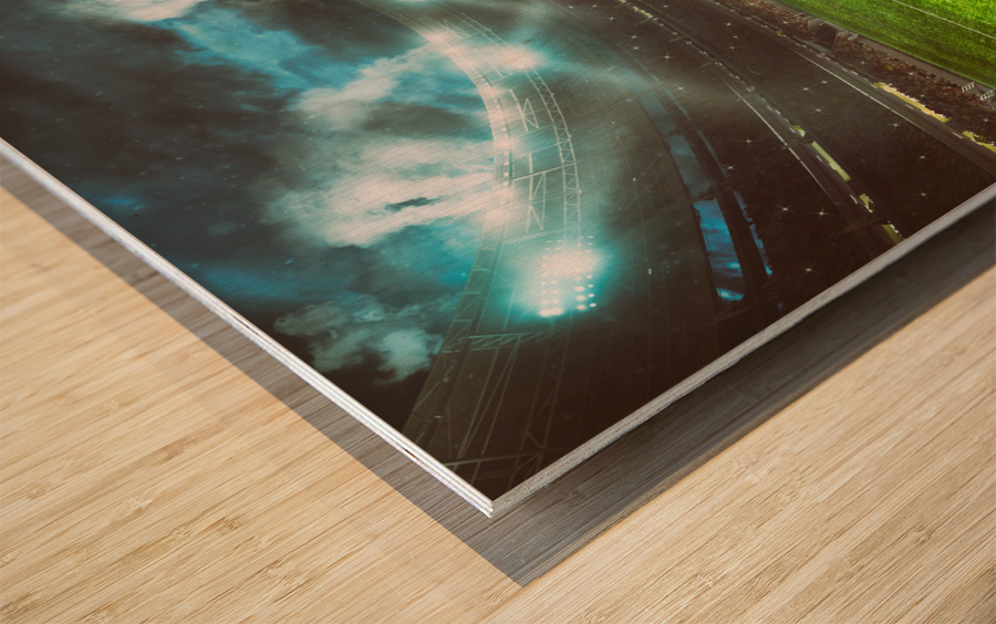 football stadium with stands full fans waiting night game Wood print