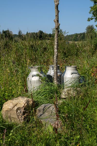 Vintage Milk Jugs in a Scenic Countryside Landscape Digital Download