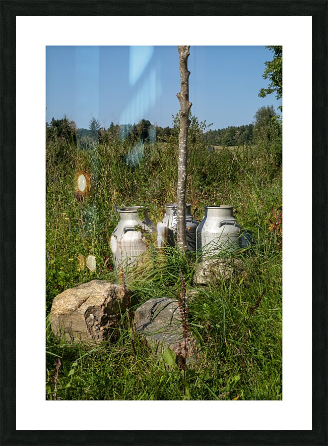 Vintage Milk Jugs in a Scenic Countryside Landscape Picture Frame print