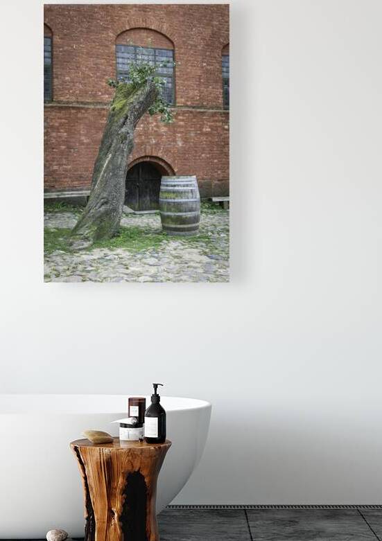 Rustic Brick Wall with Tree and Wooden Barrel Outdoors by Chris Willemsen