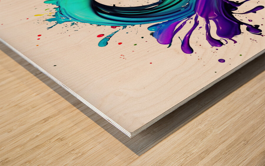 splash from rainbow colors paint in heart shape love Wood print