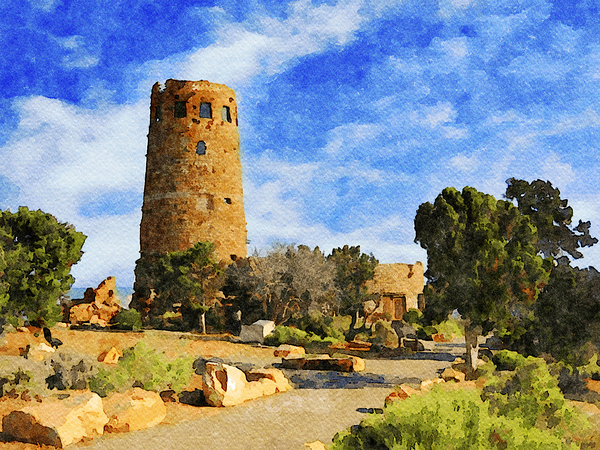 Watercolor painting of Desert View Watchtower at Grand Canyon Arizona Digital Download