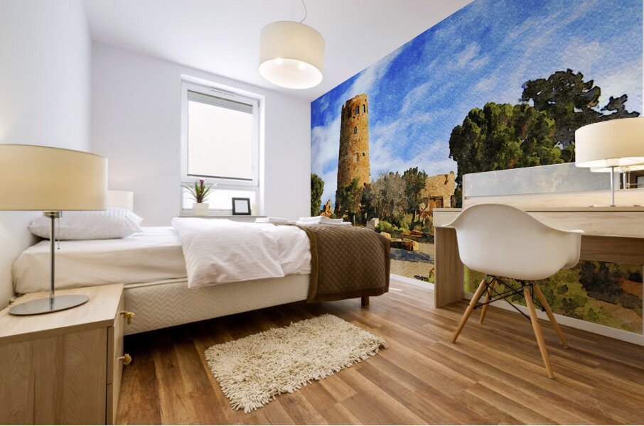 Watercolor painting of Desert View Watchtower at Grand Canyon Arizona Mural print