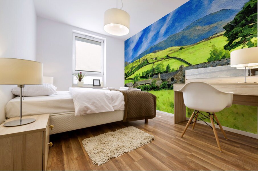 Beautiful watercolor landscape of Lake District countryside in England Mural print