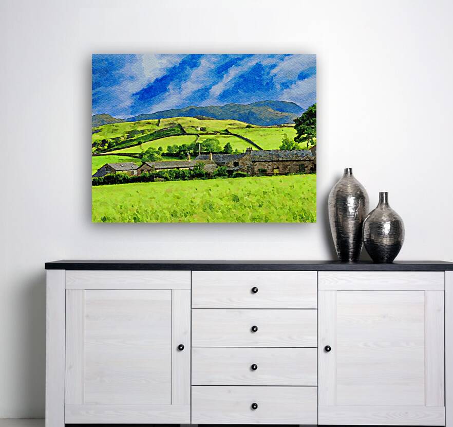 Beautiful watercolor landscape of Lake District countryside in England Reproduction