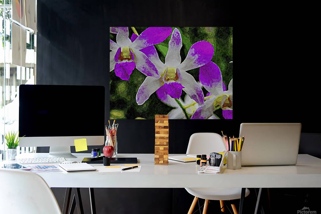 Vibrant watercolor painting of violet orchid blossoms Reproduction