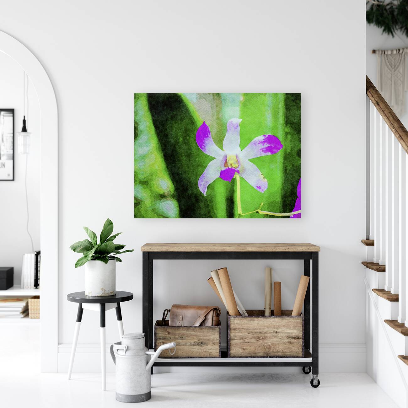 Vibrant watercolor of a purple orchid against a lush green backdrop Reproduction
