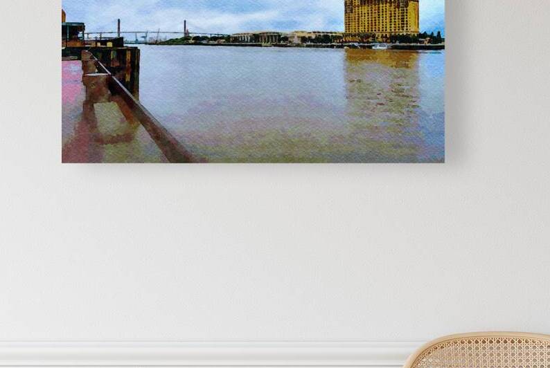 Watercolor artwork depicting Savannah waterfront in Georgia with cloudy sky by Gestalt Imagery