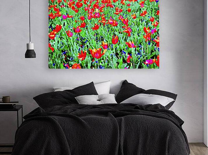 Vibrant watercolor painting of red tulip field in bloom by Gestalt Imagery