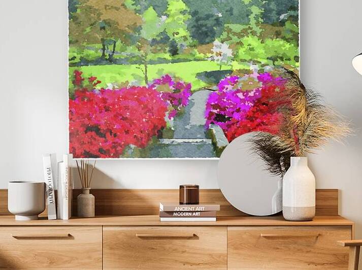 Vibrant watercolor garden with blooming flowers and lush greener by Gestalt Imagery