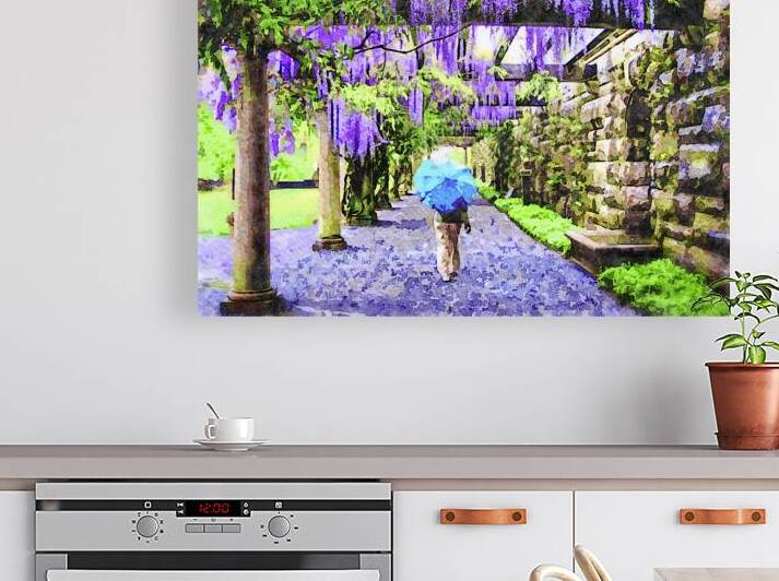 Watercolor scene of wisteria vines in bloom during a rainy spring day by Gestalt Imagery