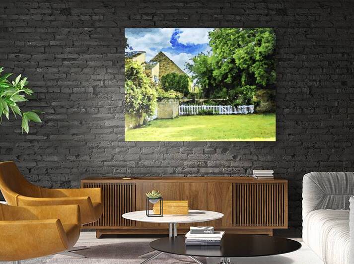 Charming Cotswolds landscape watercolor with stone houses and lush greenery by Gestalt Imagery