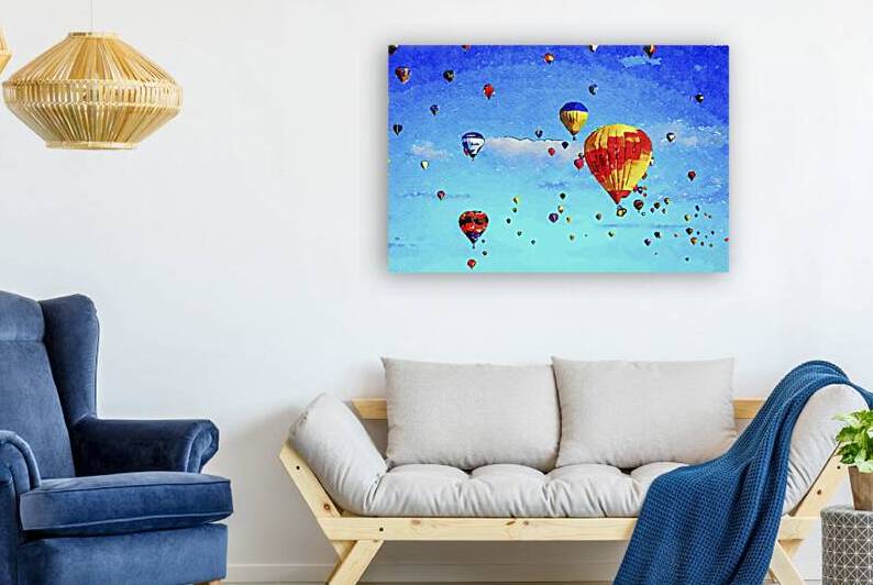 Colorful hot air balloons soaring in a vibrant blue sky by Gestalt Imagery