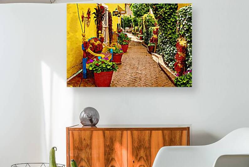 Colorful street scene in Old Town Albuquerque with potted plants by Gestalt Imagery