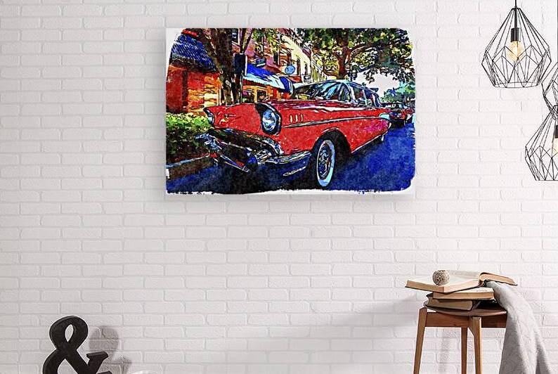 Vintage 1957 Chevrolet Nomad watercolor painting set in a charming street scene by Gestalt Imagery