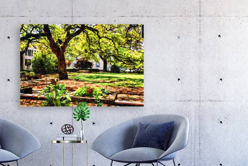 Watercolor painting of Warren Square in Savannah during spring by Gestalt Imagery
