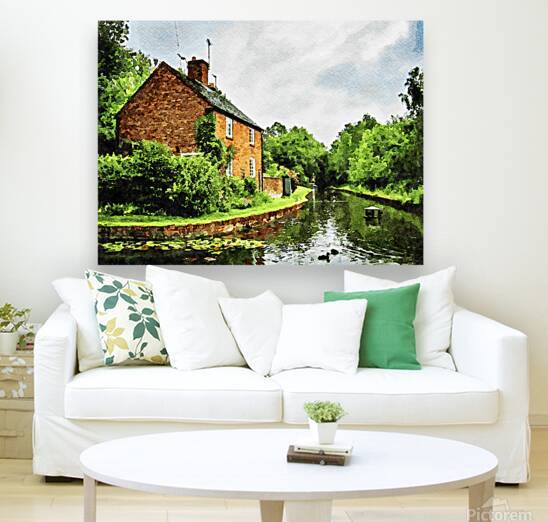 Watercolor painting of Shropshire Hills landscape with brick cottage and canal by Gestalt Imagery