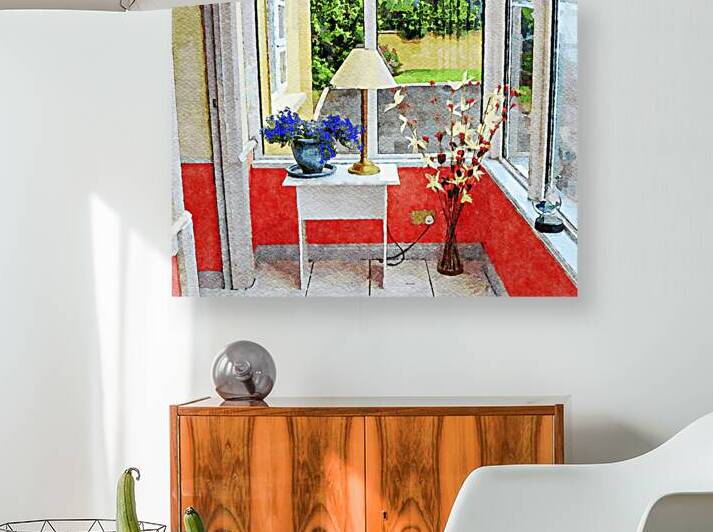 Cozy sunlit corner with a table lamp and floral decor by Gestalt Imagery