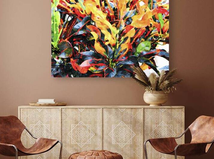 Vibrant watercolor illustration of colorful Croton plant leaves  by Gestalt Imagery