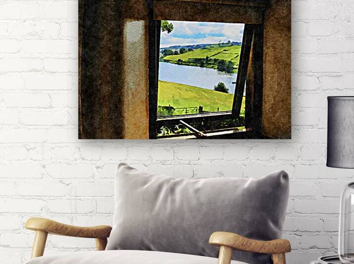 Scenic watercolor view of the Lake District landscape through a window by Gestalt Imagery