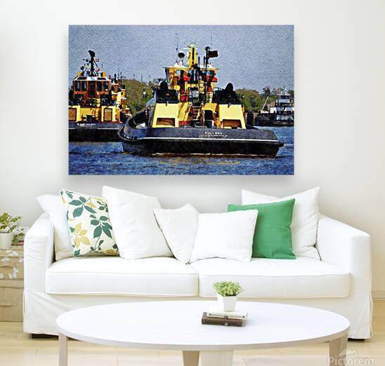 Watercolor illustration of tugboats in Savannah River harbor Georgia by Gestalt Imagery