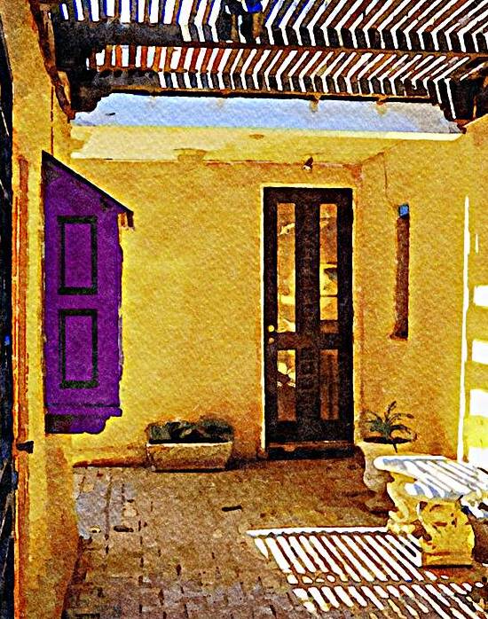 Charming courtyard in watercolor style capturing Albuquerque essence by Gestalt Imagery