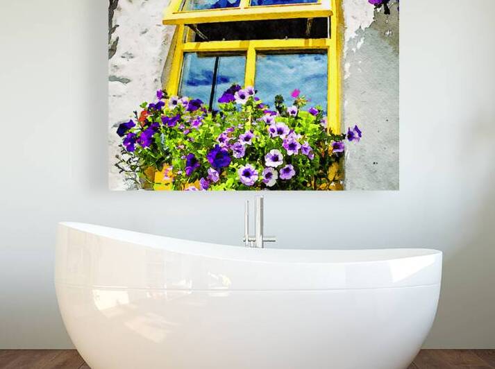 Watercolor of petunias in bloom by a window on Inishmore by Gestalt Imagery