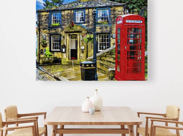 Charming watercolor of historic Haworth street with iconic red telephone box by Gestalt Imagery