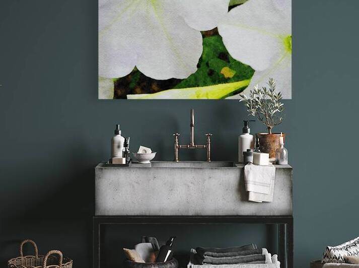 Watercolor painting of morning glory flowers with vibrant green leaves by Gestalt Imagery
