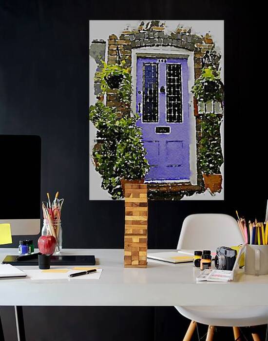 Charming watercolor of a rustic blue door with green plants by Gestalt Imagery