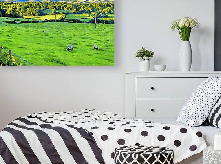Watercolor landscape of sheep grazing in Clwydian Range Dee Valley Wales by Gestalt Imagery