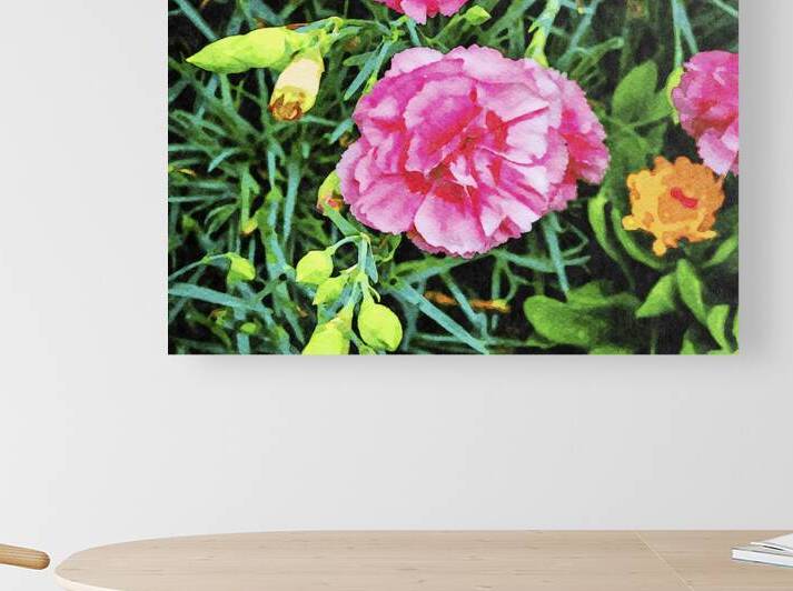 Vibrant pink carnations blooming in a watercolor garden by Gestalt Imagery