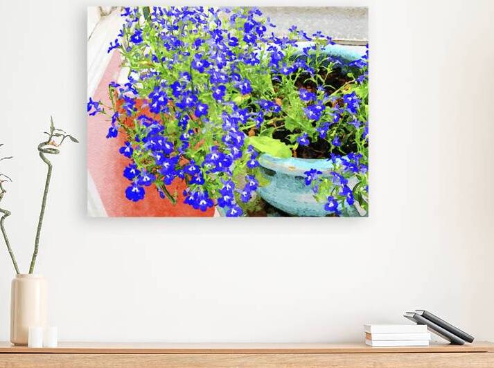 Vibrant watercolor painting of blue lobelia flowers in a garden pot by Gestalt Imagery