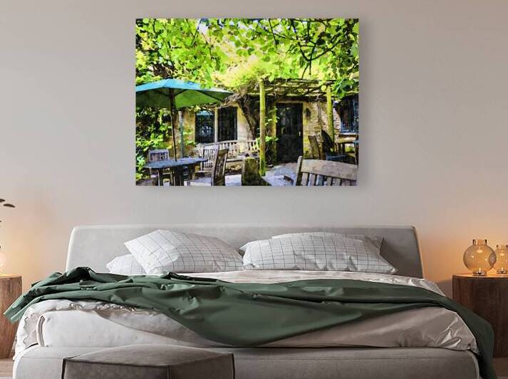 Charming garden patio in picturesque Cotswolds watercolor painting by Gestalt Imagery