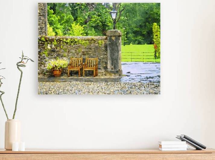 Charming garden scene with wooden chairs and stone wall by Gestalt Imagery