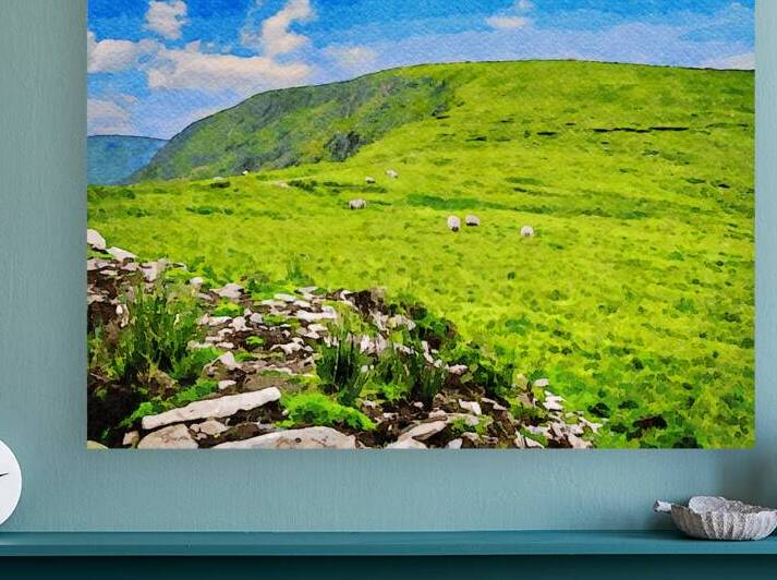 Watercolor landscape of Conor Pass with sheep grazing in Ireland by Gestalt Imagery