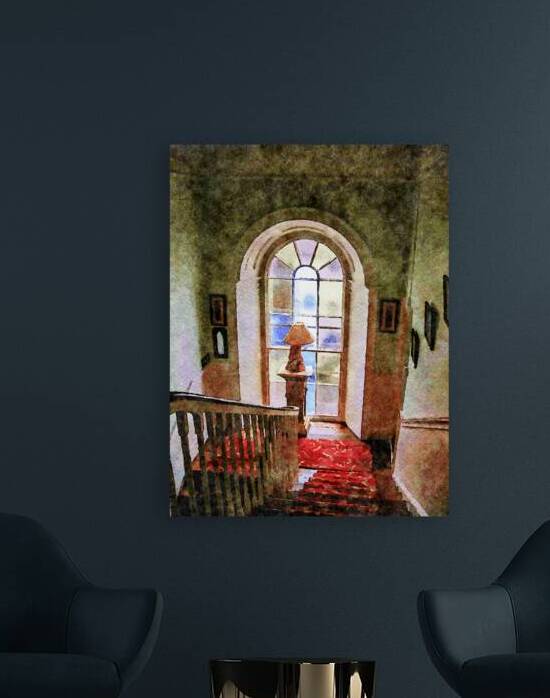 Charming vintage staircase with natural light and vibrant carpet by Gestalt Imagery