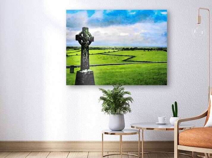 Watercolor depiction of the scenic Rock of Cashel and Celtic cemetery cross by Gestalt Imagery