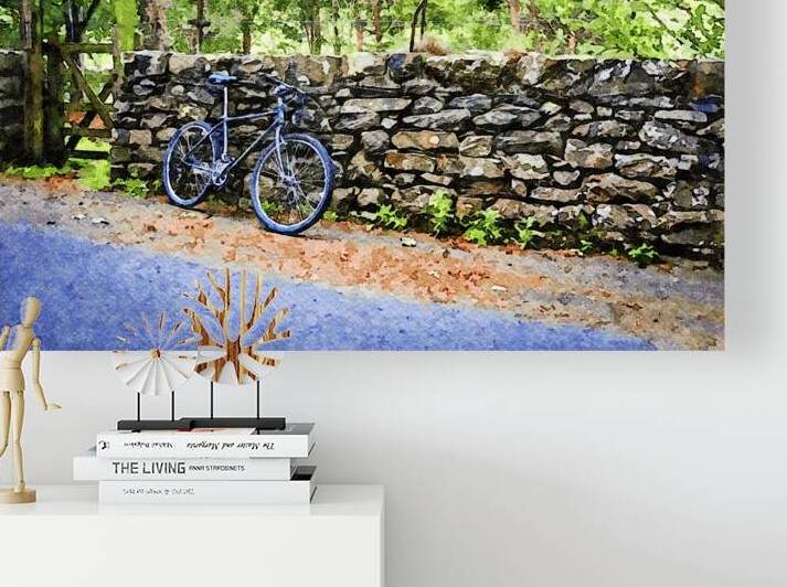 Watercolor landscape of a bicycle on a stone wall in Lake District by Gestalt Imagery