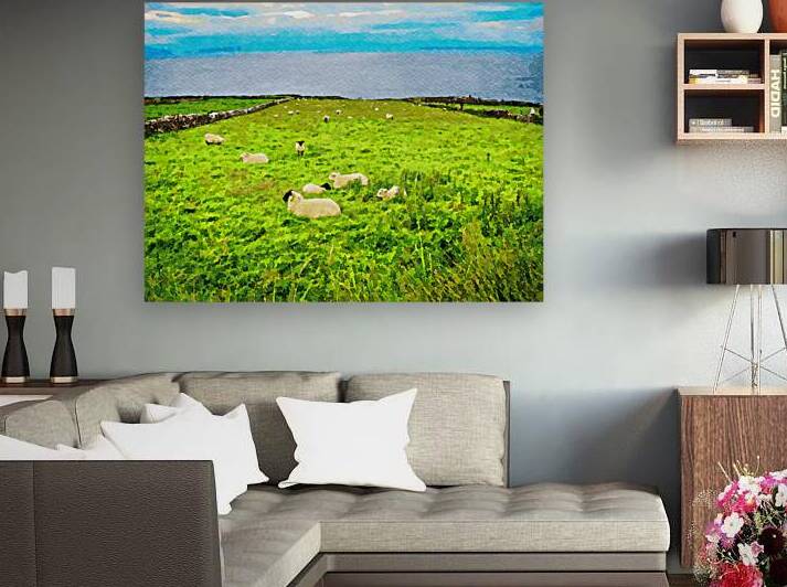 Tranquil watercolor landscape of sheep in green pastures by the sea by Gestalt Imagery