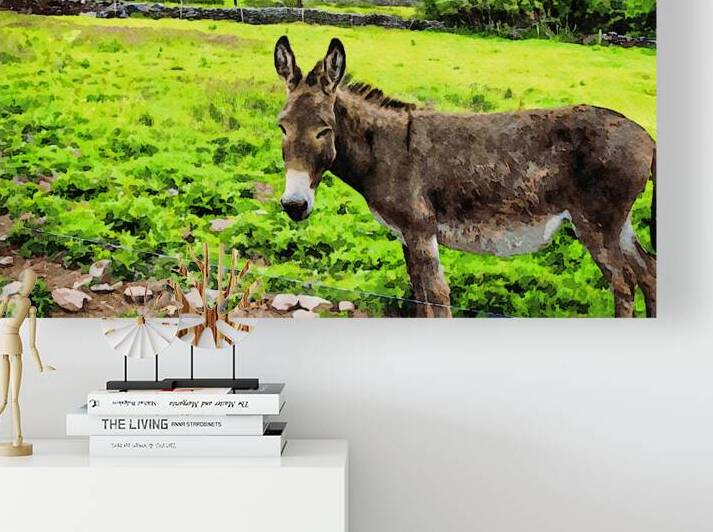 Watercolor painting of donkey in a lush green countryside by Gestalt Imagery
