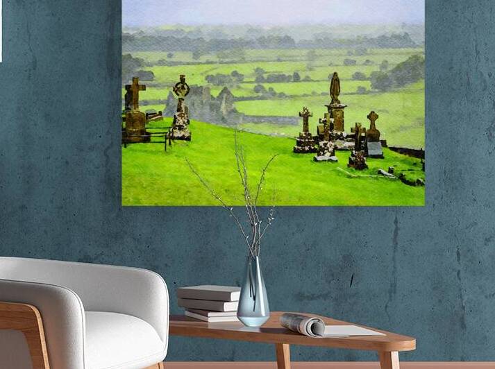 Watercolor depiction of Rock of Cashel cemetery in Irelands lush landscape by Gestalt Imagery