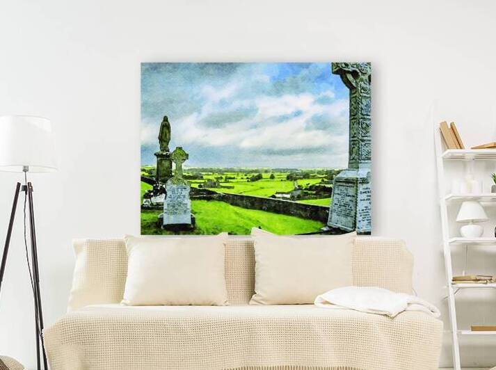 Watercolor painting of Rock of Cashel cemetery under a cloudy sky by Gestalt Imagery